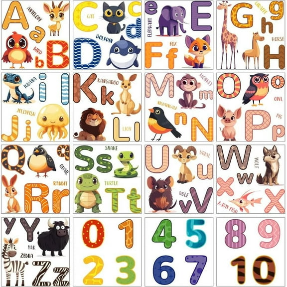 16 Sheets Rub On Transfer Stickers Animal Alphabet Themed with 26 Uppercase Letters and Numbers Ideal for Home Classroom Nursery Decor 5.5 x 5.5 Inches colorful