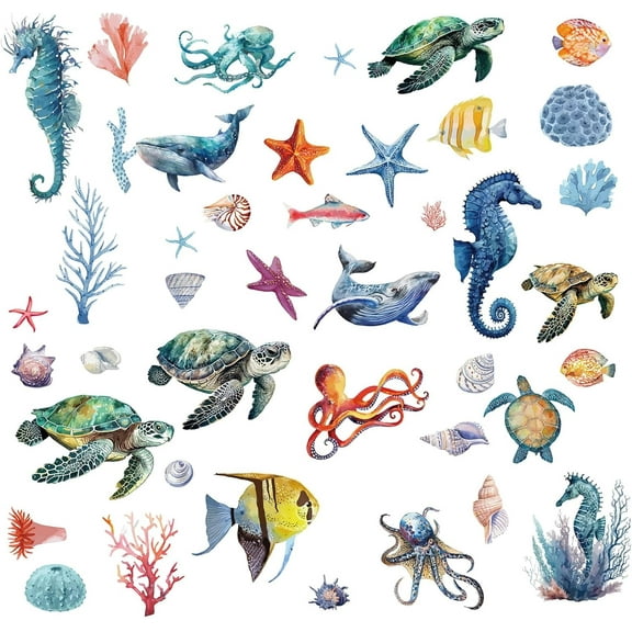 16 Sheets Sea Animal Wall Stickers Seahorse Turtle Octopus Whale Conch Coral Stickers Fish Window Stickers PVC Waterproof Self Adhesive Wall Decals Removable for Window Decor Clings