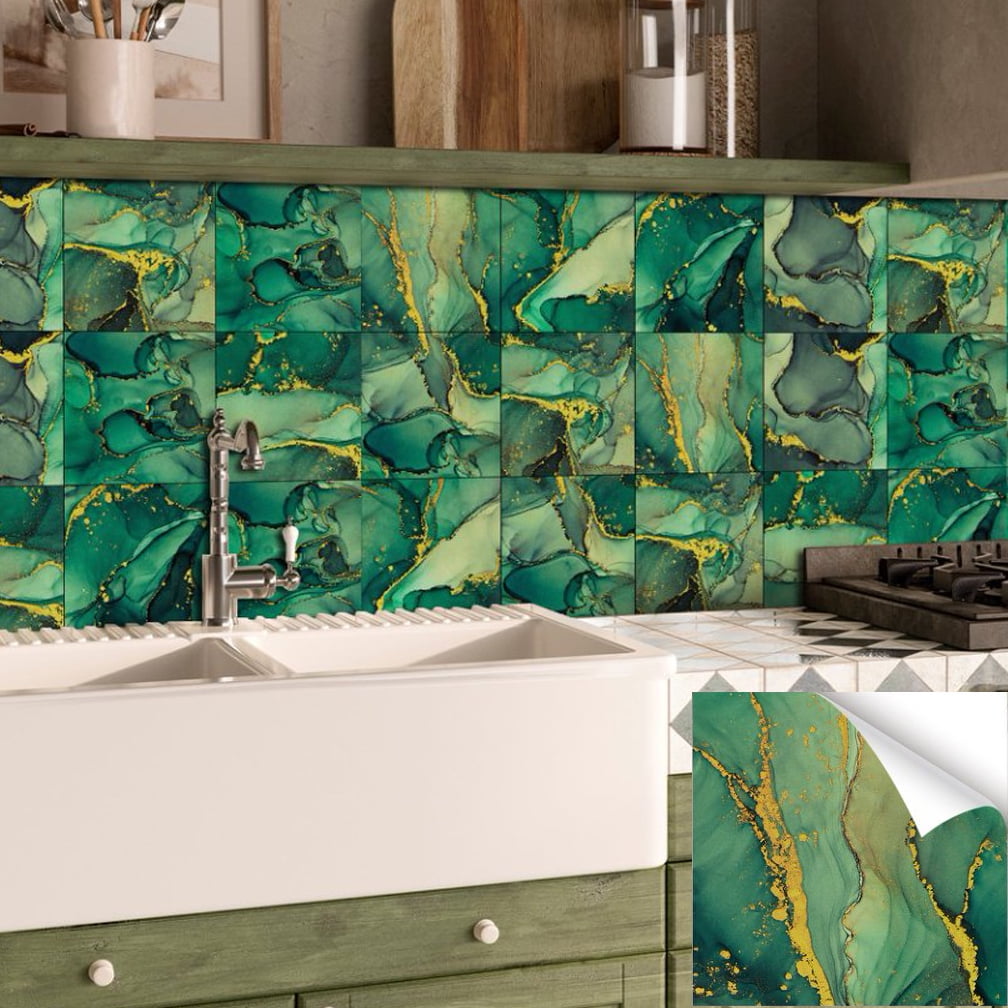 16-Sheets Tile Stickers Backsplash 8" x 8" Green Gold Marbling Wall Decals DIY Decor Peel and Stick Waterproof PVC Tile for Kitchen Bathroom