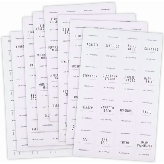 16 Sheets White Spice Labels Stickers Spice Jar Labels PVC Waterproof Blank Self Adhesive Rectangle Preprinted Pantry Decals Organizers Sets for Kitchen Food Box Bottles Seasoning Containers