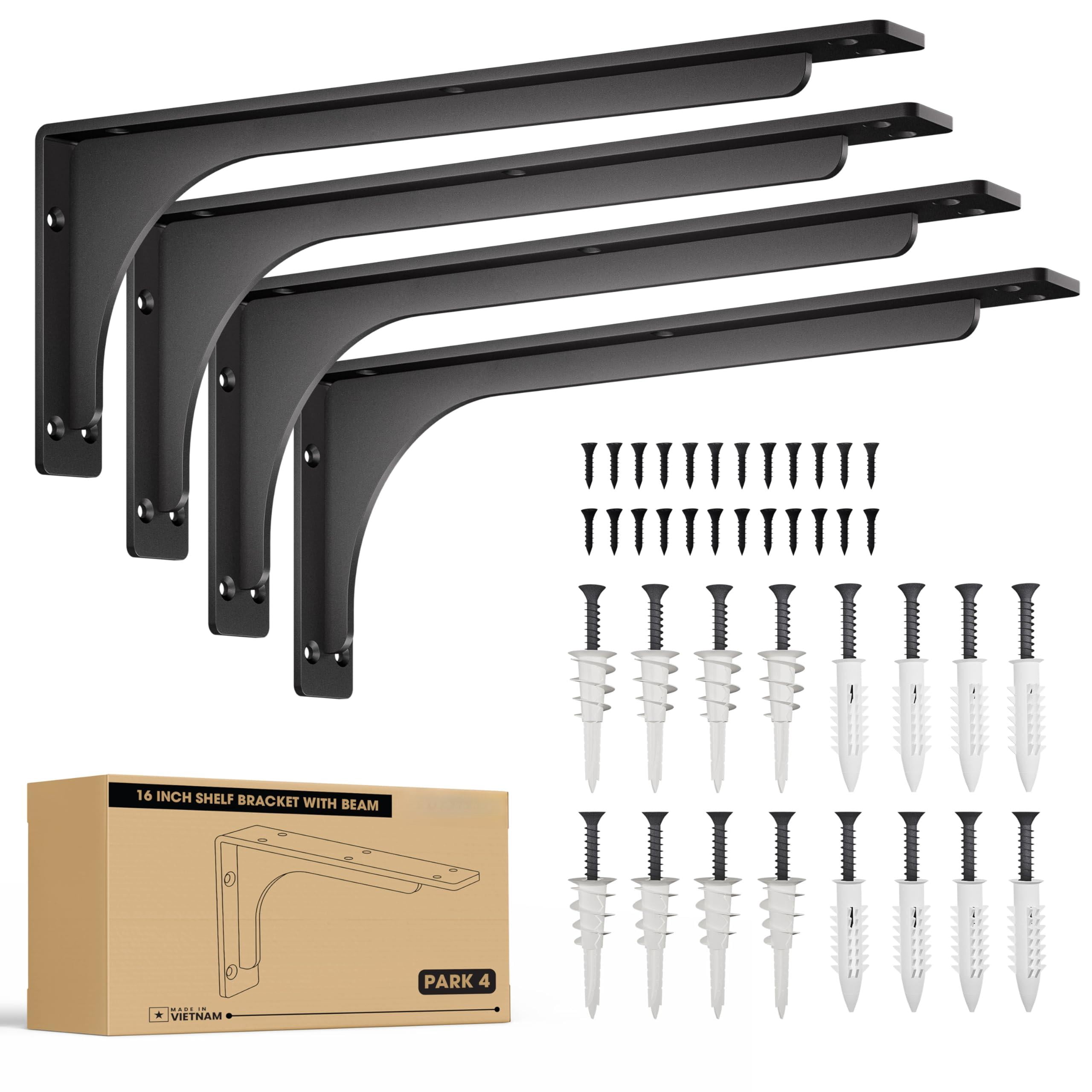16" Shelf Brackets With Beam (4pcs) - L Black Hook For Floating Shelves Wall Mounted Support Diy Open Shelving Mounting Hardware Included (pack 4) (4  16 Inch)