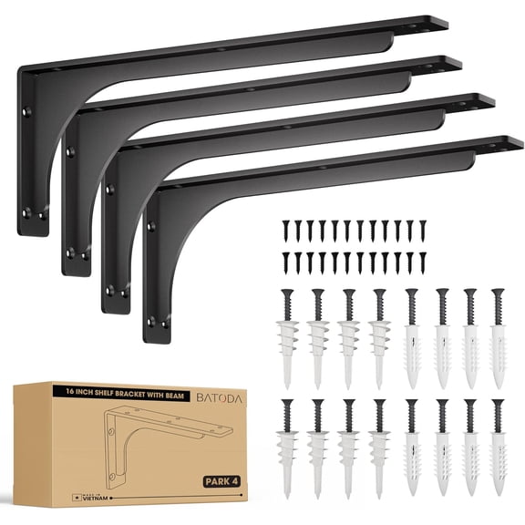 16” Shelf Brackets with Beam (4pcs) - L Shelf Brackets Black - Hook Brackets for Floating Shelves - Wall Mounted Support for DIY Open Shelving – Mounting Hardware Included (Pack 4) (4, 16 Inch)