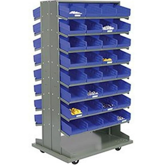 16 Shelf Double-Sided Mobile Pick Rack with 64 Blue Plastic Shelf Bins 8 in. Wide