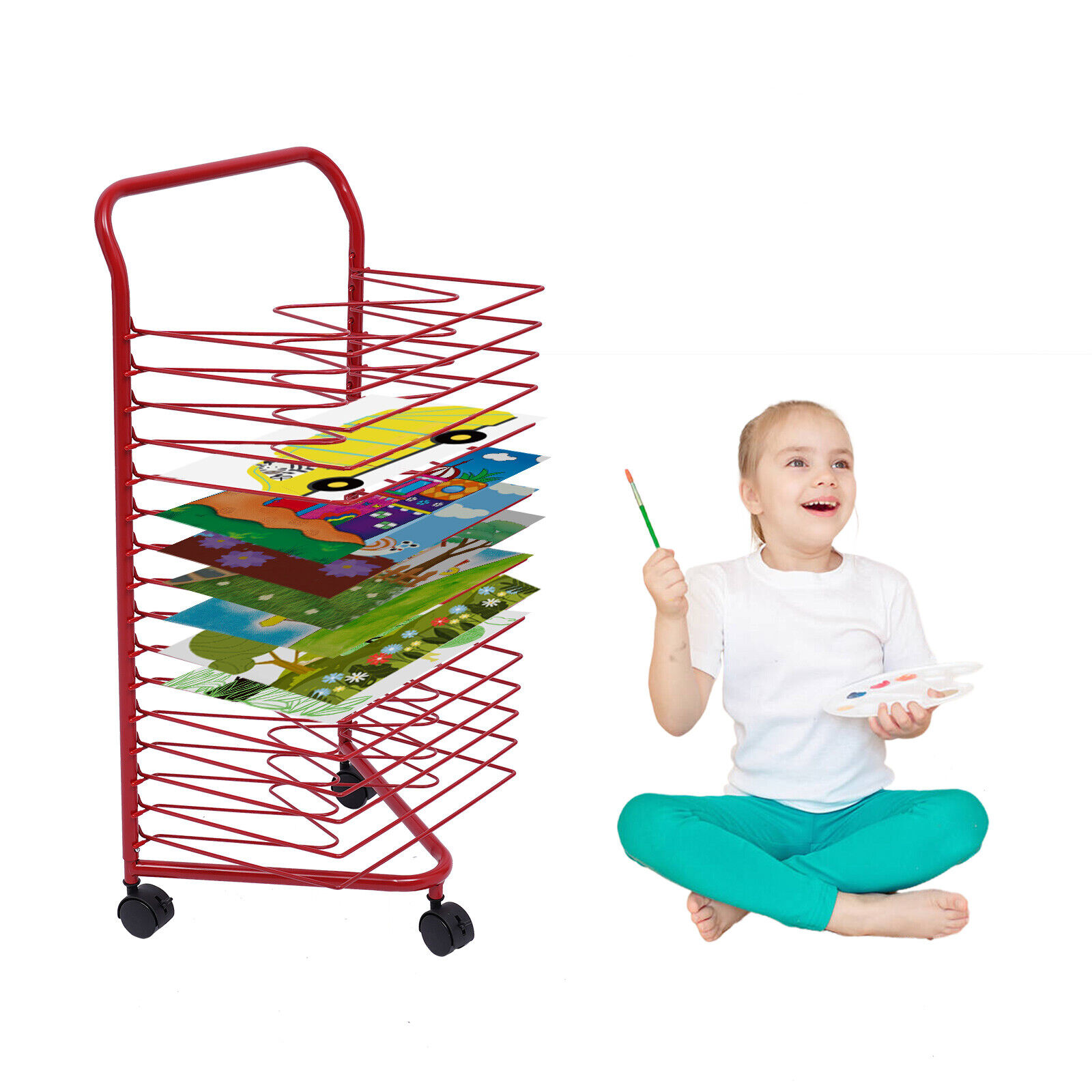 16 Shelves Art Drying Rack for Classroom,Movable Metal Paint Drying