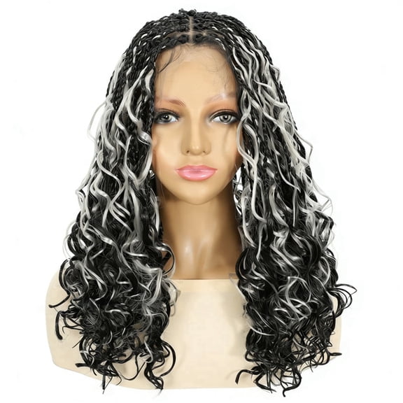 More Beautiful Glueless Double Full HD Lace Boho Braided Goddess Box Braids Faux Locs Wig with Bohemian Curly Ends BlackGray