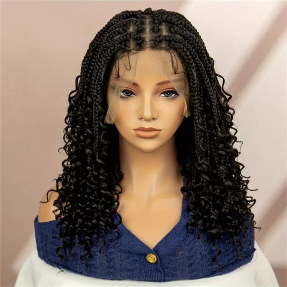 16" Short Knotless Box Braided Wig With Curly Ends - Full Lace 180% Density Low-Temperature Synthetic Hair,Elegant Fluffy Goddess Wig For Parties Parties And Festivals Party