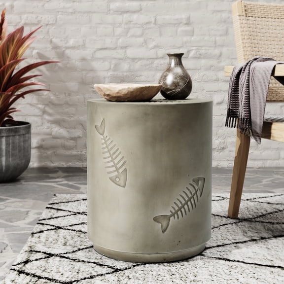 16'' Side Table With Fish Theme - Grey Portable Furniture No Assembly, Convenient For Anywhere Magnesium Oxide , & Stylish Diameter