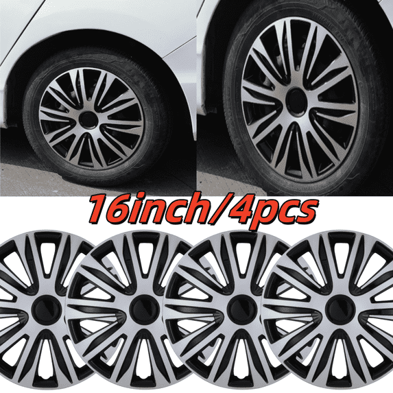 16" Silver & Black Hubcaps/Wheel Covers for Most Cars,Set Of 4 Snap On Car Truck SUV Hub Cap ,ABS Material