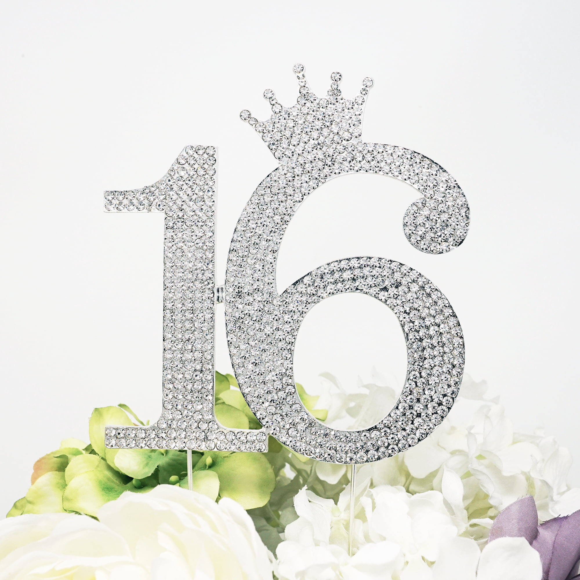 16 Silver Rhinestone Crown Monogram Cake Topper, Sweet 16th Birthday ...