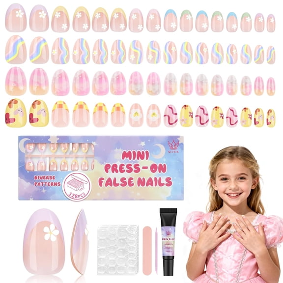 16 Sizes 128 Pieces Press on Nails for Kids, 4 pack Kids Nail Kit Colorful Flower Almond Fake Nail Tips for Girls 8-12 Years Old with Jelly Nail Adhesives & Nail Glue Birthday Easter Gifts