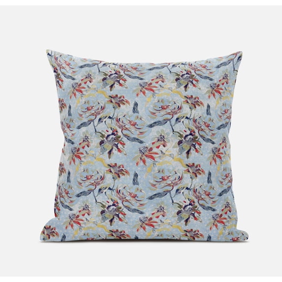 16" Sky Blue Red Roses Suede Throw Pillow