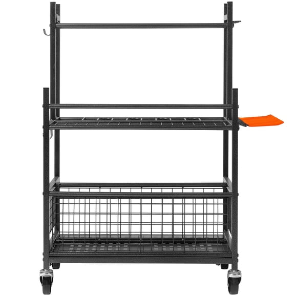 16-Slot Rolling Tool Organizer with Hooks - Heavy-Duty Metal Rack for Garage&Shed Storage of Rakes, Brooms, Long-Handled Yard Tools