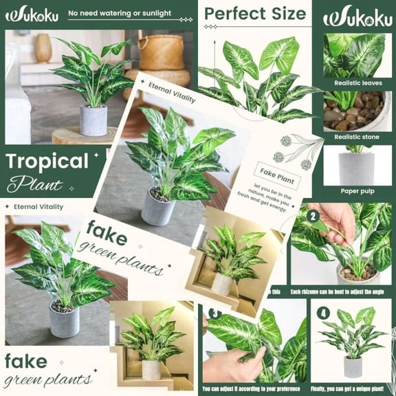 16" Small Fake Plants Artificial Tropical Faux Plants Indoor Desk Plant for Home Office Kitchen Shelf Sage Green Decor