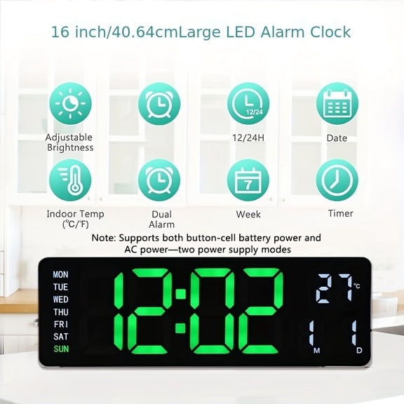 16" Smart Digital Wall Clock with Color LED Display, Auto Brightness, Temperature Humidity Monitor, Dual Alarm, USB Powered for Home Office