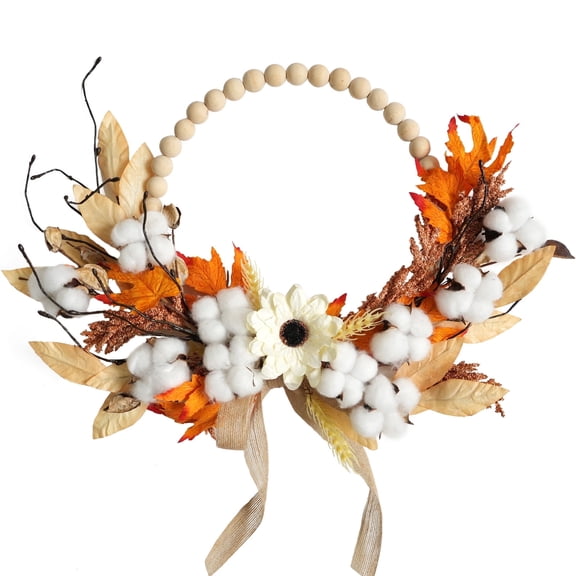 Idyllic 16" Fall Wood Bead & Cotton Wreath for Front Door, White Chrysanthemum with Maple Leaves