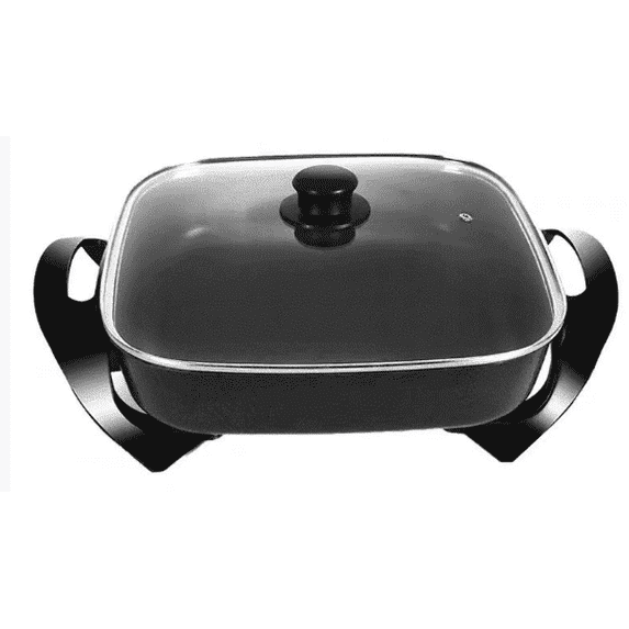 16" Square Electric Skillet, Glass Vented Lid, Adjustable Temperature Control, Cool Touch Handles, Quick Even Heating, Scratch Resistant, Black