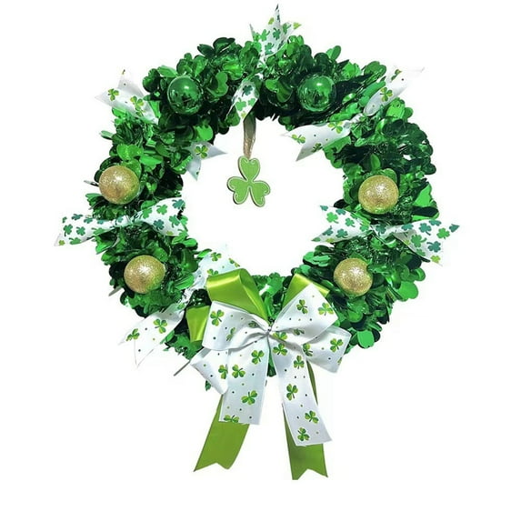 16 St Patricks Day Wreath for Front Door Irish Lucky Green Tinsel Shamrock Wall Decoration Spring Artificial Wreath w Balls Bow