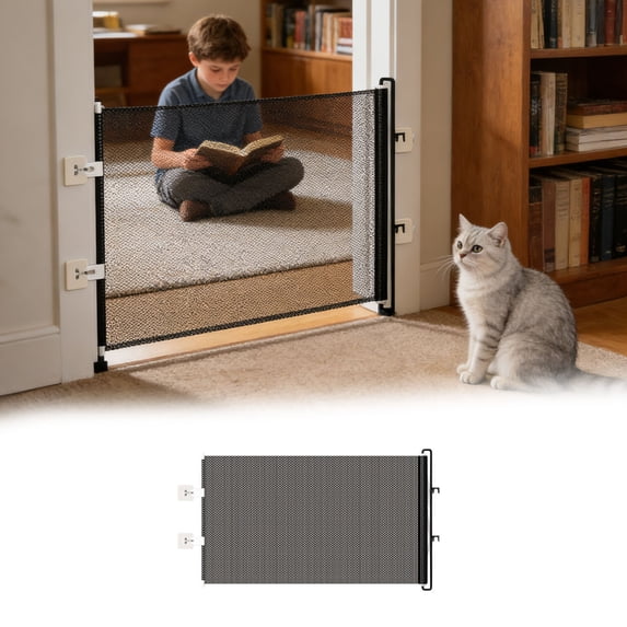 16" Step Over Retractable Dog Gate, No-Drill Pet Barrier for Doorways & Stairs, Easy Human Access & Pet Containment, Adjustable Small Dog Gate Indoor Use Black