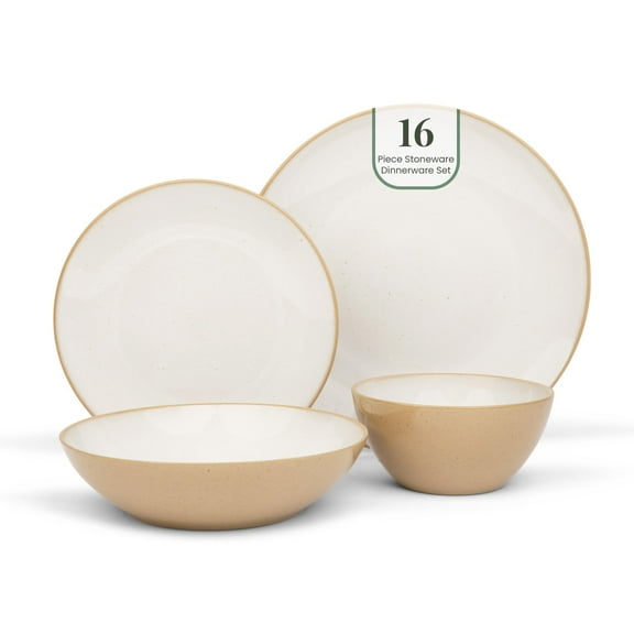 16 Stoneware Dishes | Everyday Plates and Bowls Set in White | Dining Table Set for 4