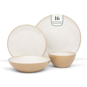 16 Stoneware Dishes | Everyday Plates and Bowls Set in White | Dining Table Set for 4