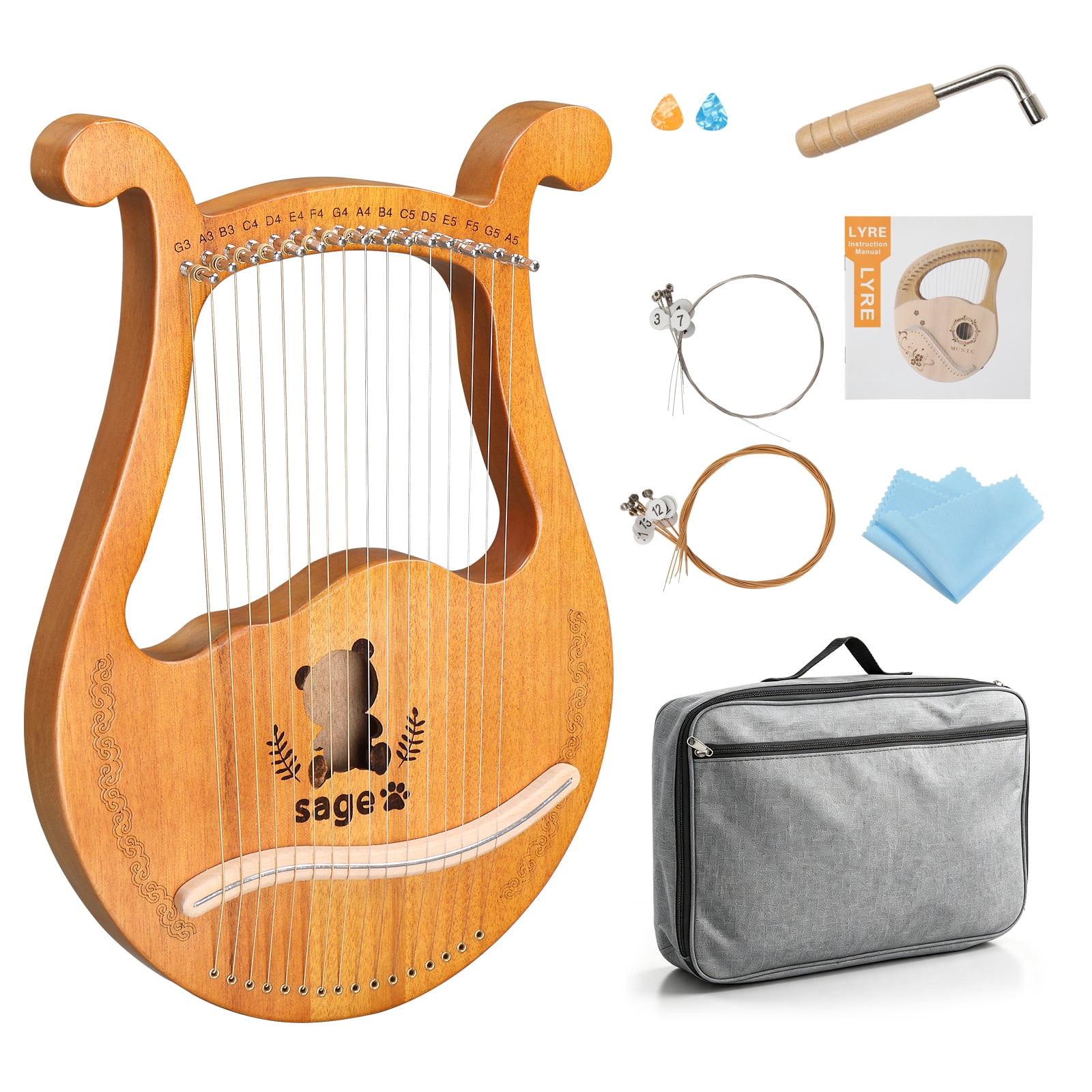 16-String Box Lyre Harp, Sapele Wood Lap Harp with Panda Motif, Steel Strings, Tuning Wrench and Padded Bag for Beginners and Kids