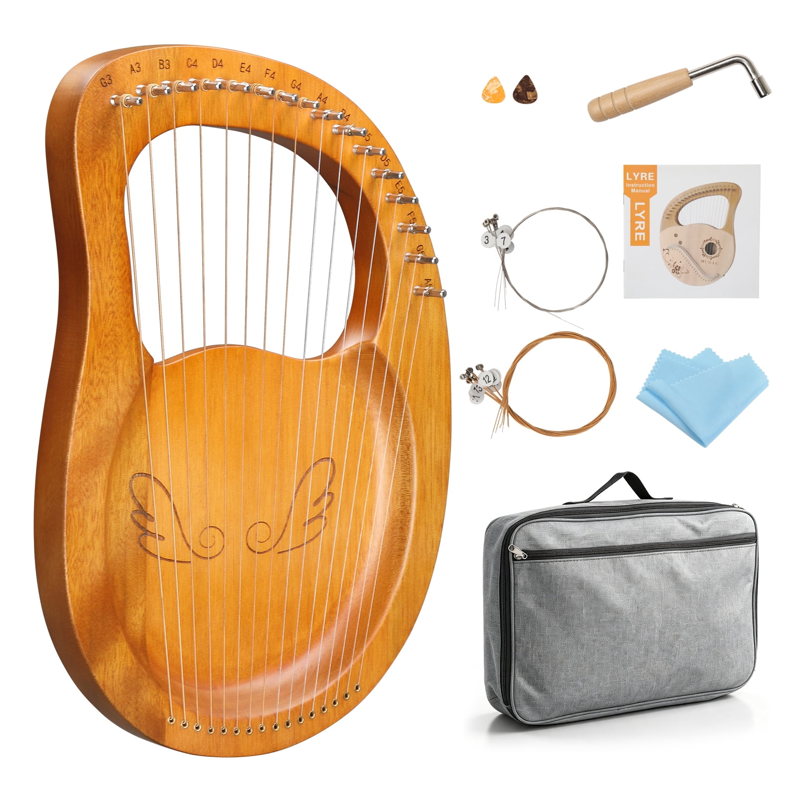 16-String Lyre Harp with Angel Wing Design, Sapele Wood Flat-Panel Body, Beginner-Friendly Instrument for Meditation and Relaxation, Includes Carry Bag and Tuning Wrench