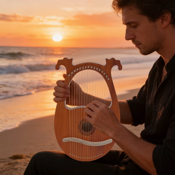16 String Lyre Harp, Mahogany Wood Lyra Instrument with Antler-Shaped Design & European Patterns, Portable Small Harp for Beginners Adults Kids - Includes English Manual, Natural Wood Color