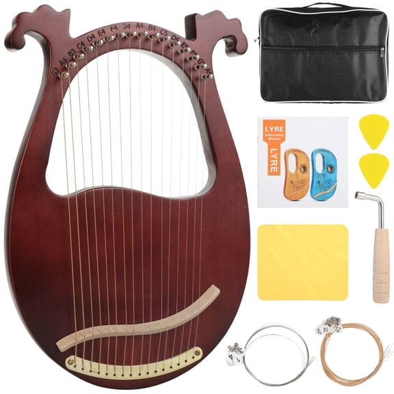 16-String Lyre Harp, Warm Sound Mahogany Lyra Harp Kit, Stringed Musical Instrument with Carrying Bag, Tuning Wrench, Picks, Cloth, Strings, 15.7" x 10", Musical Instruments for Beginners
