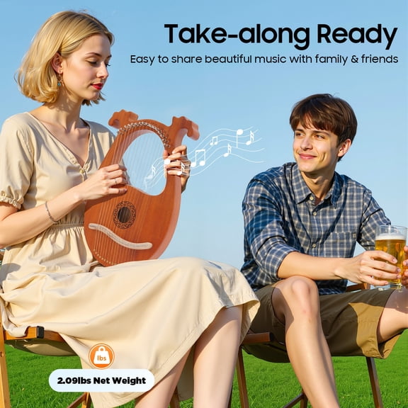 16-String Mahogany Harp, Lyre Harp with Tuner & Plectrums, Wood Color Musical Instrument for Adults Beginners