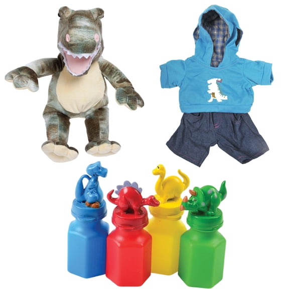 16" Stuffed Toy Dyno The Dinosaur with Dinosaur Outfit and 4 Mini Dinosaur Design Bubbles - Fun & Adorable Dino-Themed Gift Set for Kids