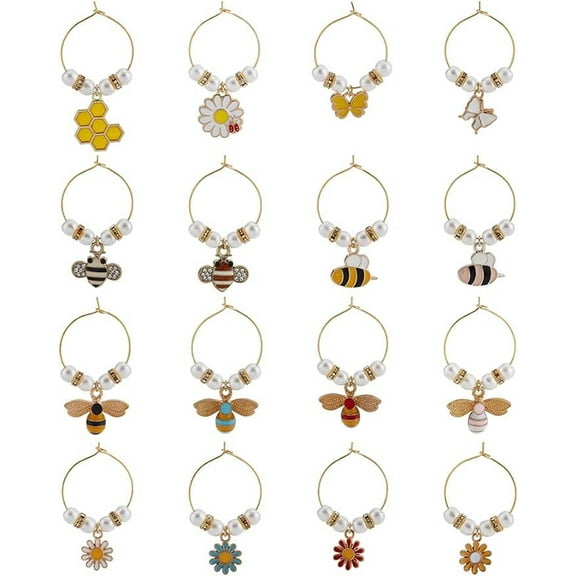 16 Style Flower Wine Glass Charms Butterfly Bee Honeycomb Goblet Drink Markers Tags Glass Wine Identifiers for Cocktail Champagne Tasting Party Favors Decoration Supplies Gifts