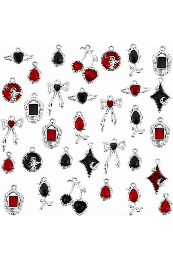16 Styles Gothic Charms 32pcs Heart Charm Black Red Pendant Retro Dangle Pendants Flower Star Enamel Charms Punk Style Pendant