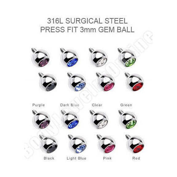 16 Surgical Steel Press Fit 3mm Gem Ball Dermal Anchor Tops