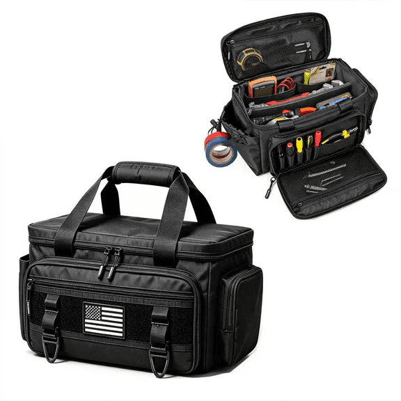 16"Tool Bag, 800D Oxford, MOLLE, Black | 800D Heavy Duty Oxford, Multi-Pocket Organizer, Flag Patch, Fits Electricians, HVAC & Range Day Use