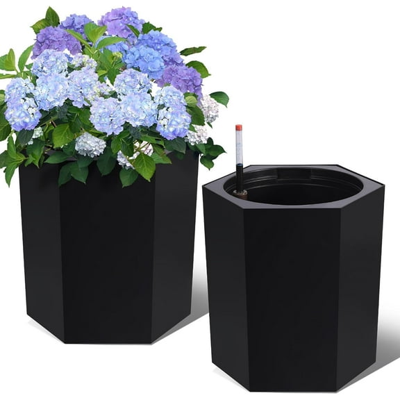 16" Tall Hexagonal Self-Watering Planters Set of 2 with Water Level Monitor, Bottom Wheels & Drainage Hole – Indoor & Outdoor Plant Pots, Black