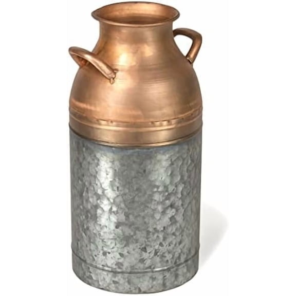 16 Tall Large Decorative Galvanized Metal & Copper Jug Vase with Handles, Distressed Grey/Rose Gold$$Home Decor, Kitchen, & Other