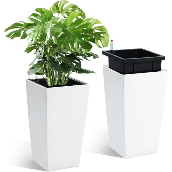 16" Tall Planters Set of 2, Outdoor＆Indoor Black Planter Pots, High Front Porch Planter Pots with Drainage Holes＆Water Level Monitor＆Inner Bucket, Automatic Watering,White