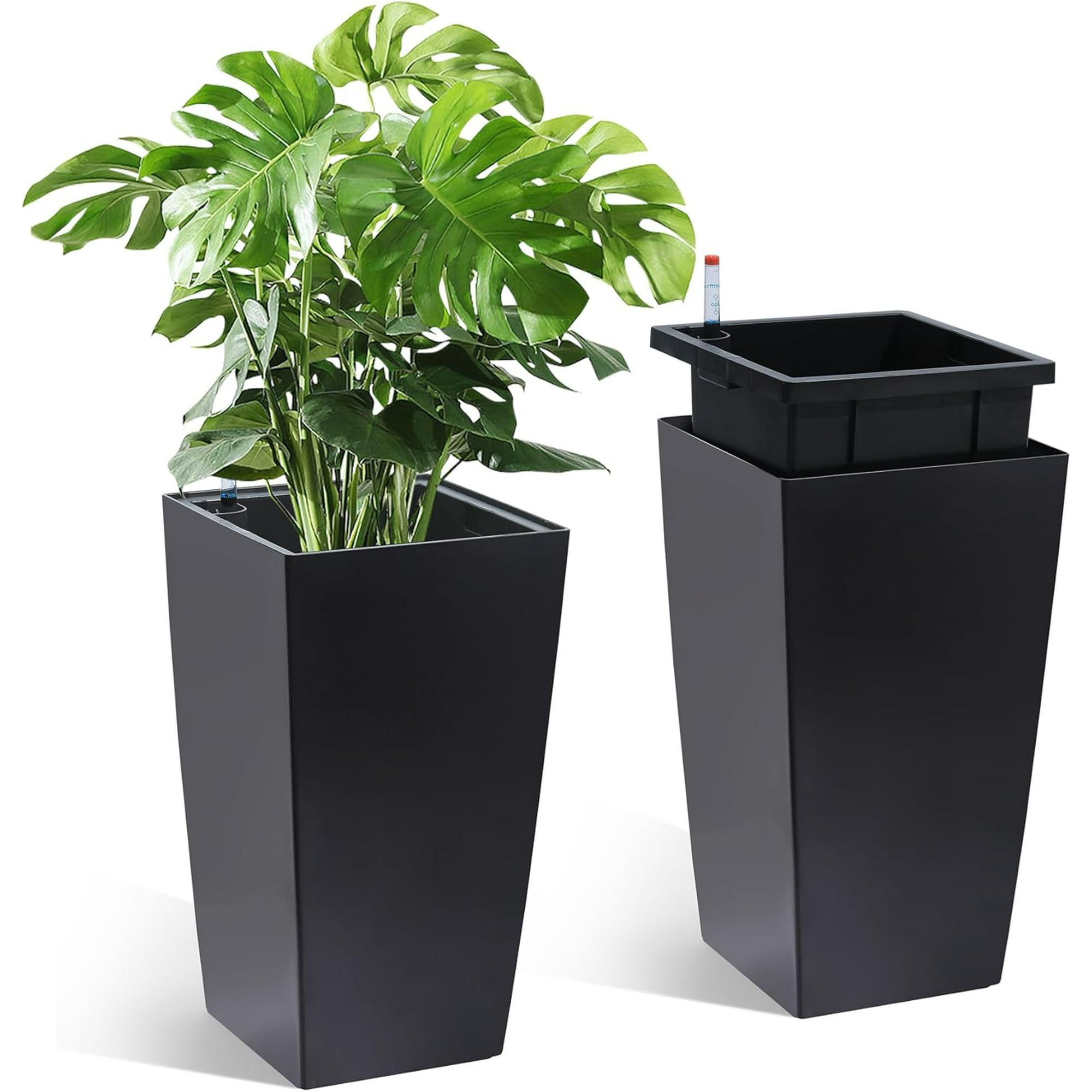 16" Tall Planters Set of 2, Outdoor＆Indoor Black Planter Pots, High Front Porch Planter Pots with Drainage Holes＆Water Level Monitor＆Inner Bucket, Automatic Watering,Black