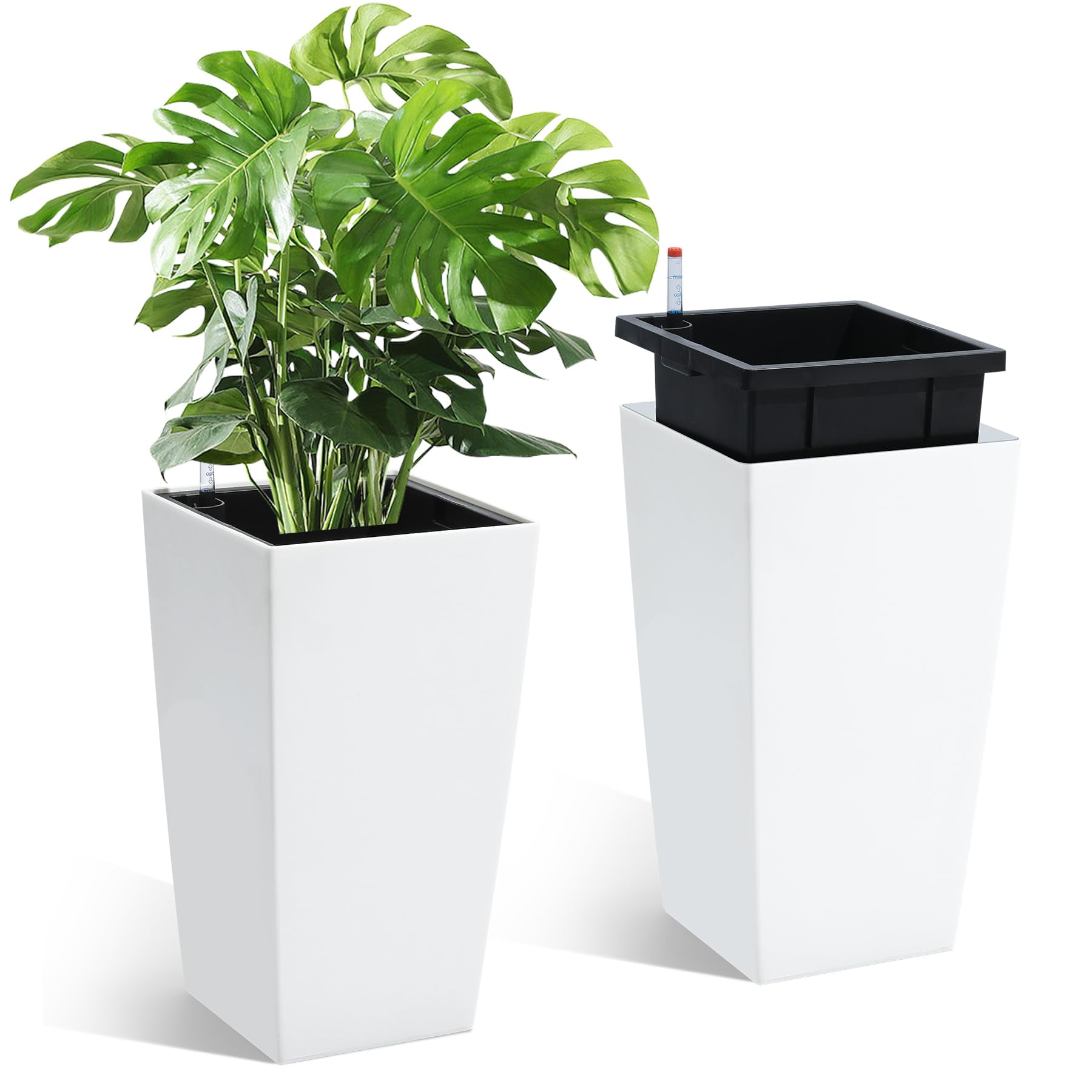 16" Tall Planters Set of 2,Outdoor＆Indoor Pots,High Front Porch Planter Pots with Drainage Holes＆Water Level Monitor＆Inner Bucket,Automatic Watering,for Patio,Porch,Living Room or Home Office