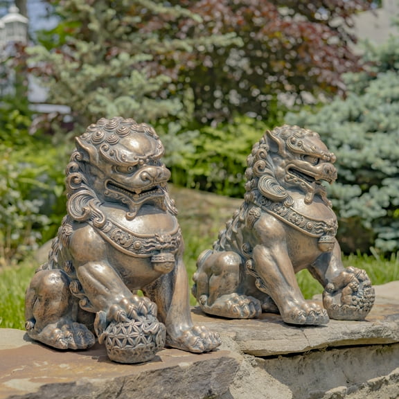 16" Tall Set of 2 Small Magnesium Fu Dog Sentry Statues in Antique Bronze "Xiao & Yan"