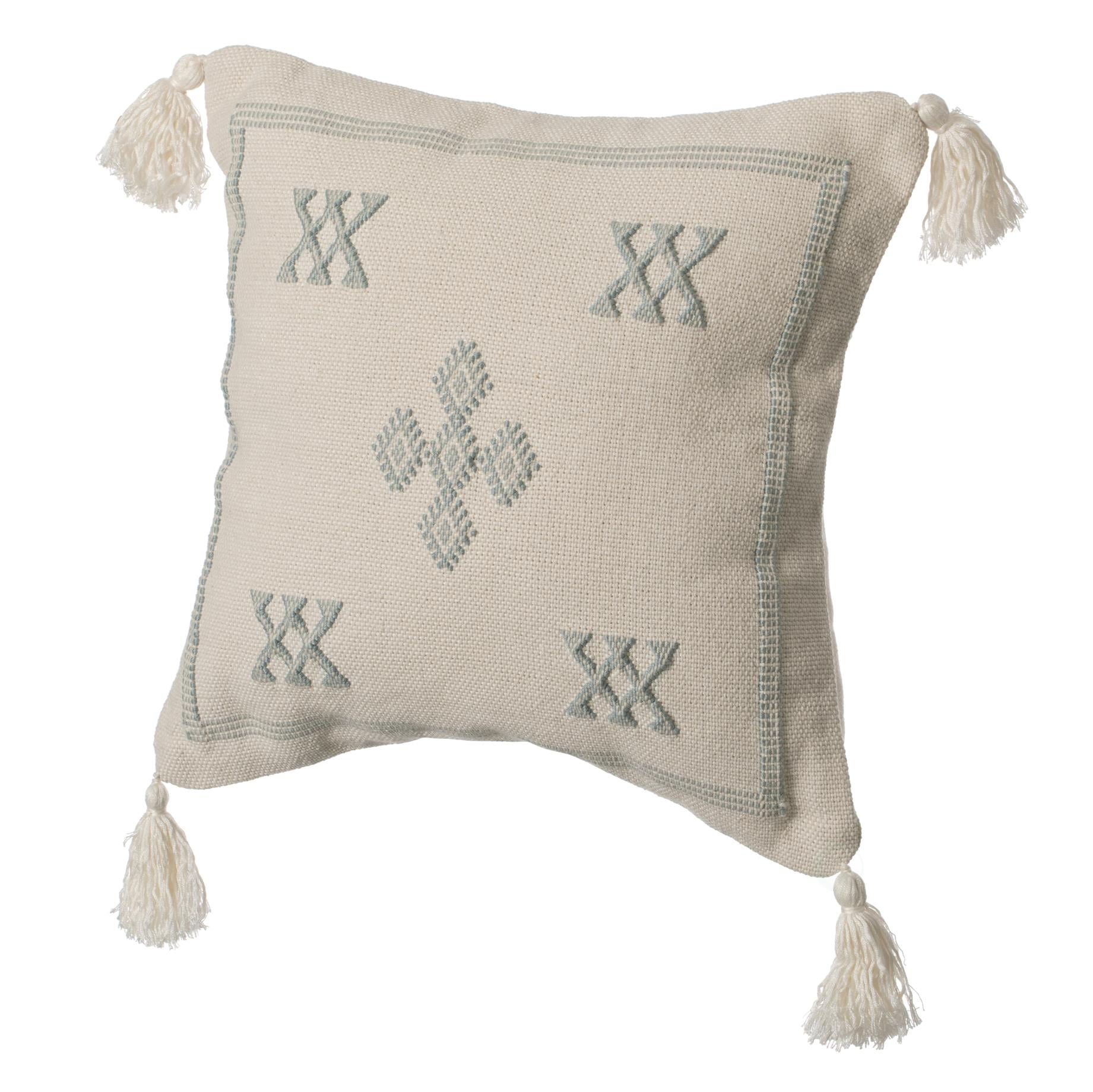 Bohemian Grey & White Cotton 16" Square Throw Pillow with Tassels