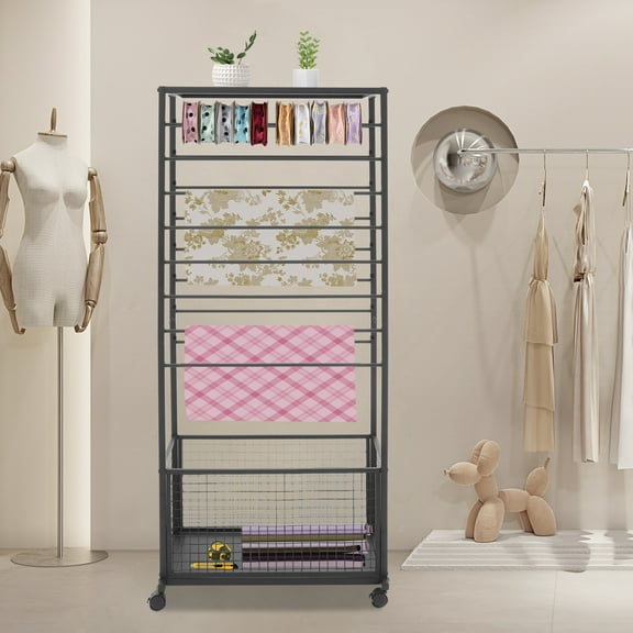 16-Tier Double-Sided Ribbon Organizer Rack with Wheels – Iron Baking Paint, 110lbs Capacity, Black/White – for Craft Rooms & Boutiques(Black or White Optional)