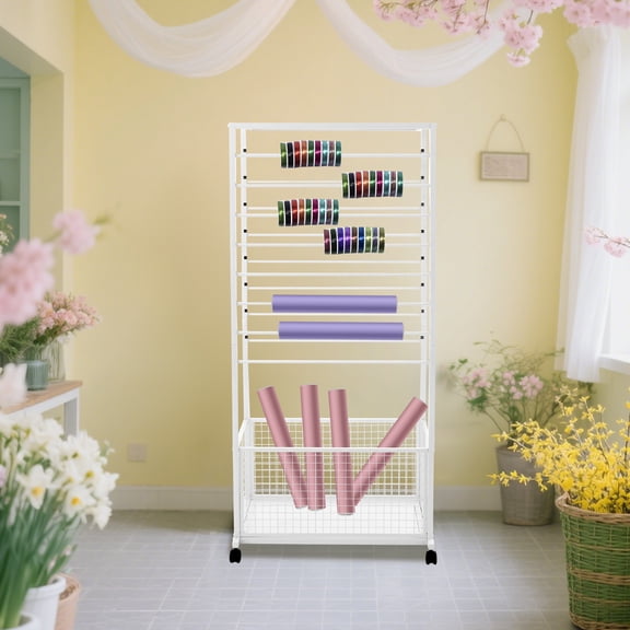 16-Tier Floral Wrapping Paper Organizer with Wheels, 67x32x150cm Multi-Purpose Storage Rack, Craft Paper Display Stand with Top Shelf and Bottom Basket