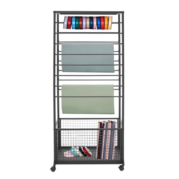 16-Tier Ribbon Organizer and Holder, Double-Sided Adjustable Storage Cart on 4 Lockable Wheels, Heavy-Duty Iron Wrapping Paper Rack for Craft Room, Gift Wrap, Vinyl, Scarf, Fabric Display (Black)