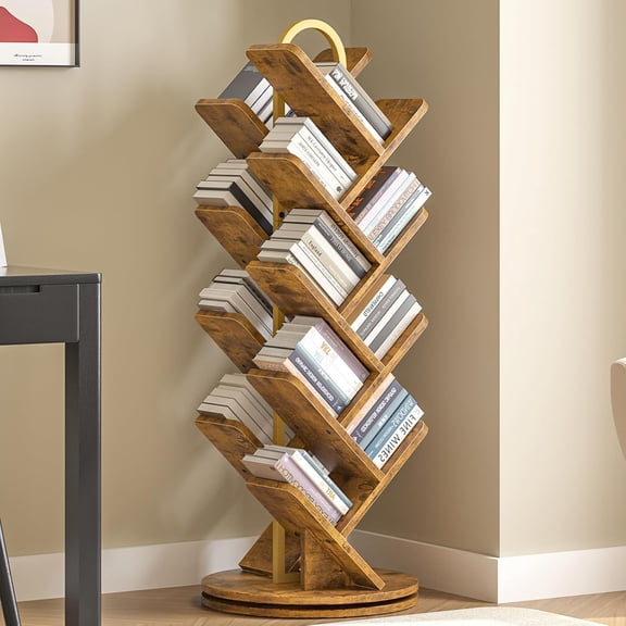 16-Tier Tree Rotating Bookshelf, 360 Degree Spinning Standing Bookcase for Magazines DVDs Books, Corner Bookcase for Living Room Bedroom Study, Rustic Brown