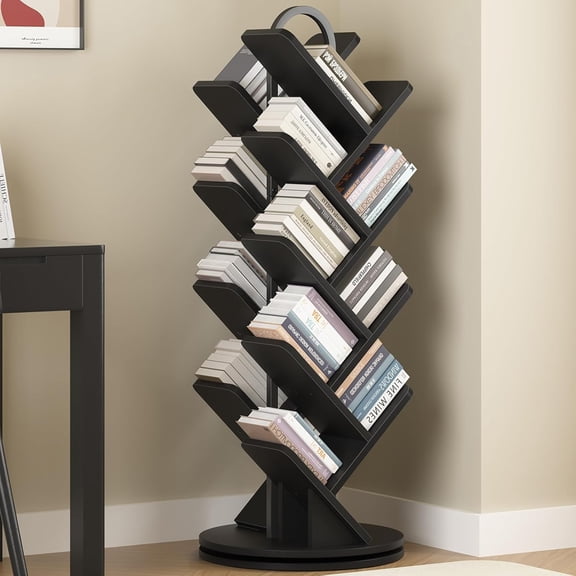 16-Tier Tree Rotating Bookshelf, 360 Degree Spinning Standing Bookcase for Magazines DVDs Books, Corner Bookcase for Living Room Bedroom Study, Black