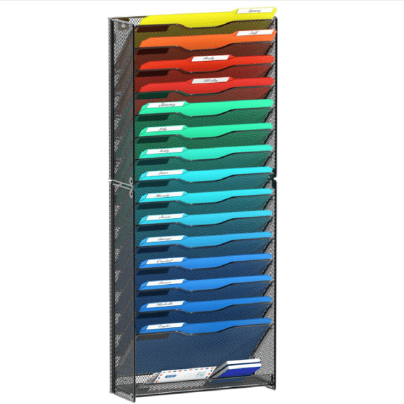 16 Tier Wall File Organizer Hanging Wall File Holder Wall Mount Paper Folder Organizer, Magazine Rack, Mesh Made,Black