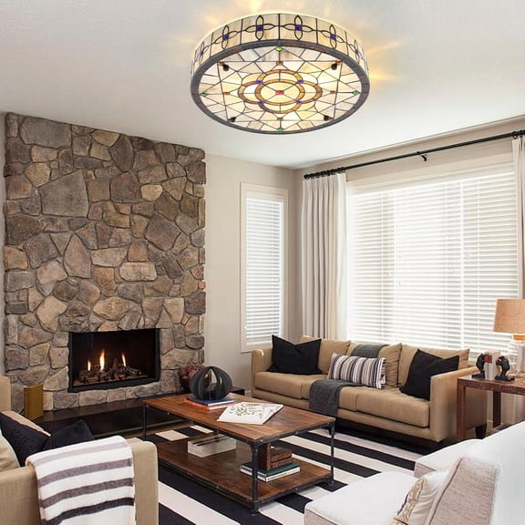 16" Tiffany Style Flush Mount Ceiling Light, Tiffany Ceiling Lights, 3-Lights Round Stained Glass Ceiling Light for Bedroom Dining Living Room Entryway$$Tools & Hardware Other