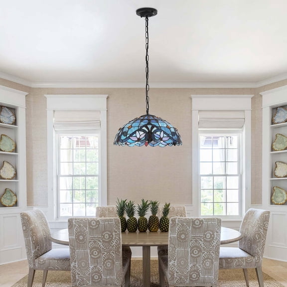 16" Tiffany Style Pendant Lamp Stained Glass Baroque Style Hanging Ceiling Light Hemispherical
