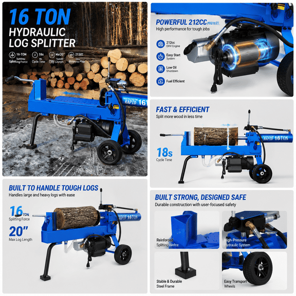 16 Ton Electric Log Splitter, Hydraulic Wood Splitter with 18-Second Cycle Time, 20-Inch Log Capacity, Portable Wheels and Heavy-Duty Steel Frame for Home Firewood Cutting